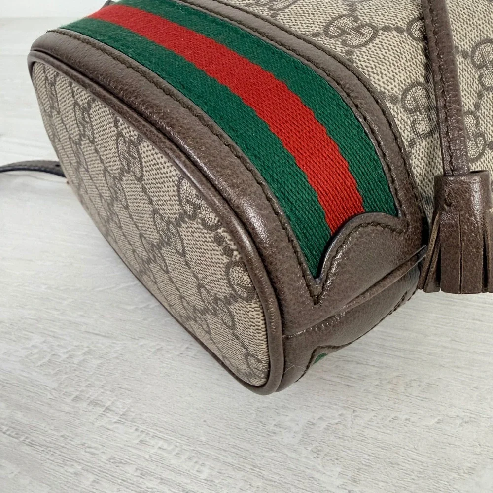 Gucci Ophidia Mini Bucket Crossbody Bag GG Supreme Web Stripe Tassel Luxury Chic